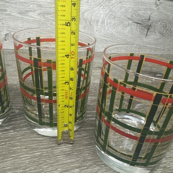 Georges Briard Rocks Glass Double Old Fashioned Red Green Gold Plaid 12oz~4 Pc - Picture 9 of 10